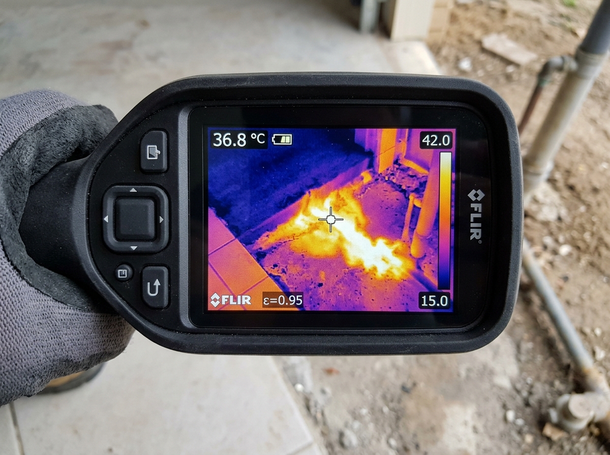 Thermal imaging scan revealing hot water slab leak signature on residential floor tiles in Jupiter