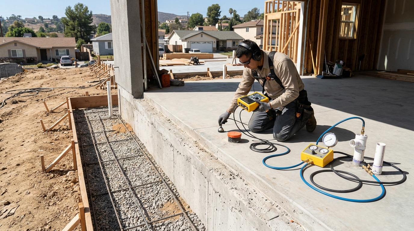 Plumber inspecting foundation slab with specialized acoustic listening tools in a Jupiter home